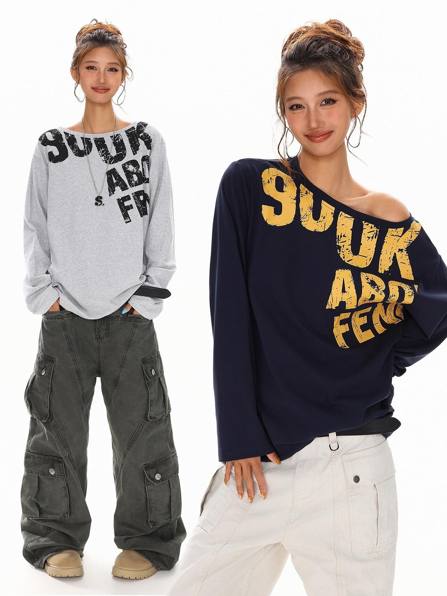XPKAEAX Distressed Letter Print Off Shoulder Slouchy Women's Long Sleeve T-shirts