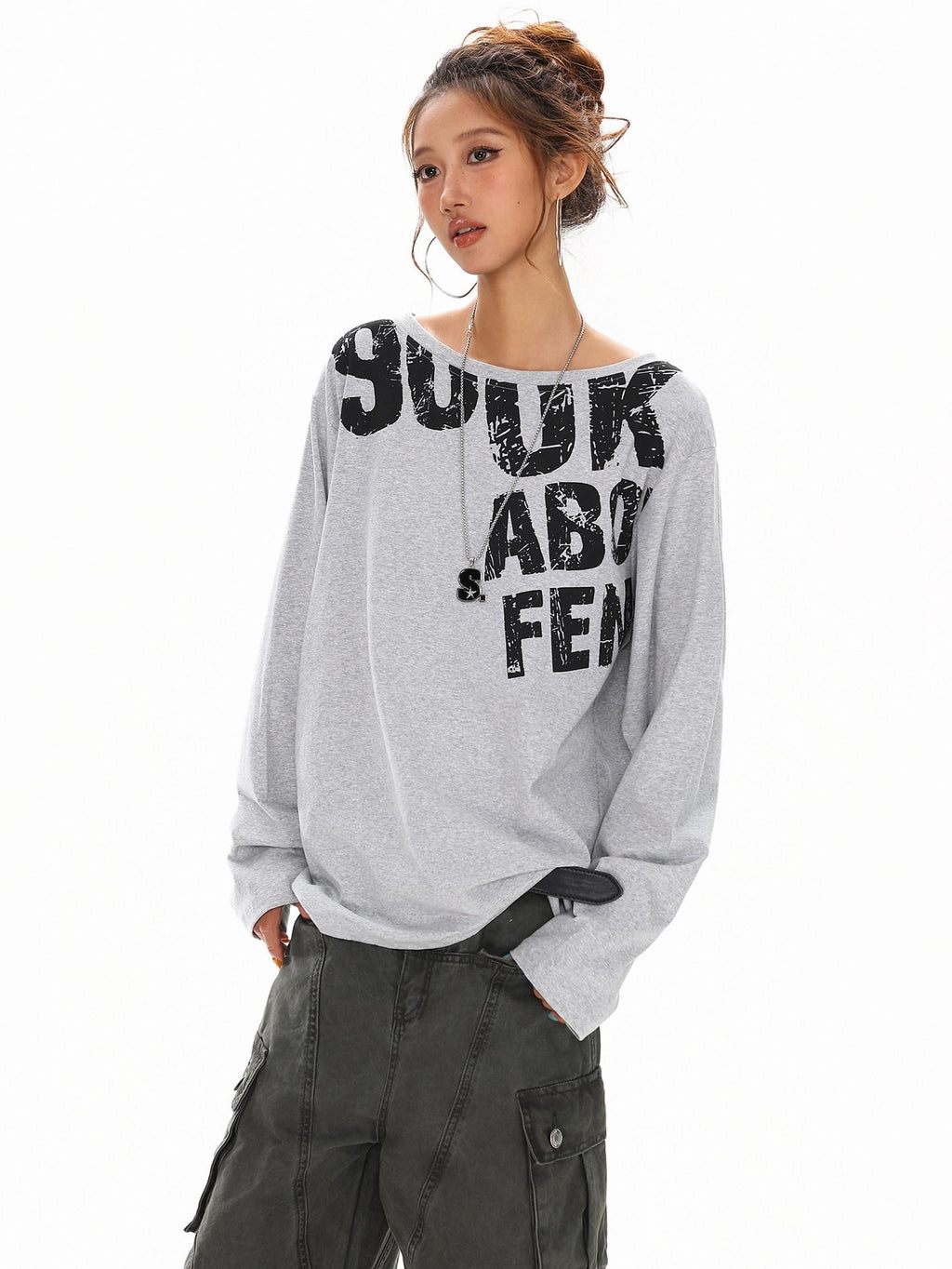 XPKAEAX Distressed Letter Print Off Shoulder Slouchy Women's Long Sleeve T-shirts
