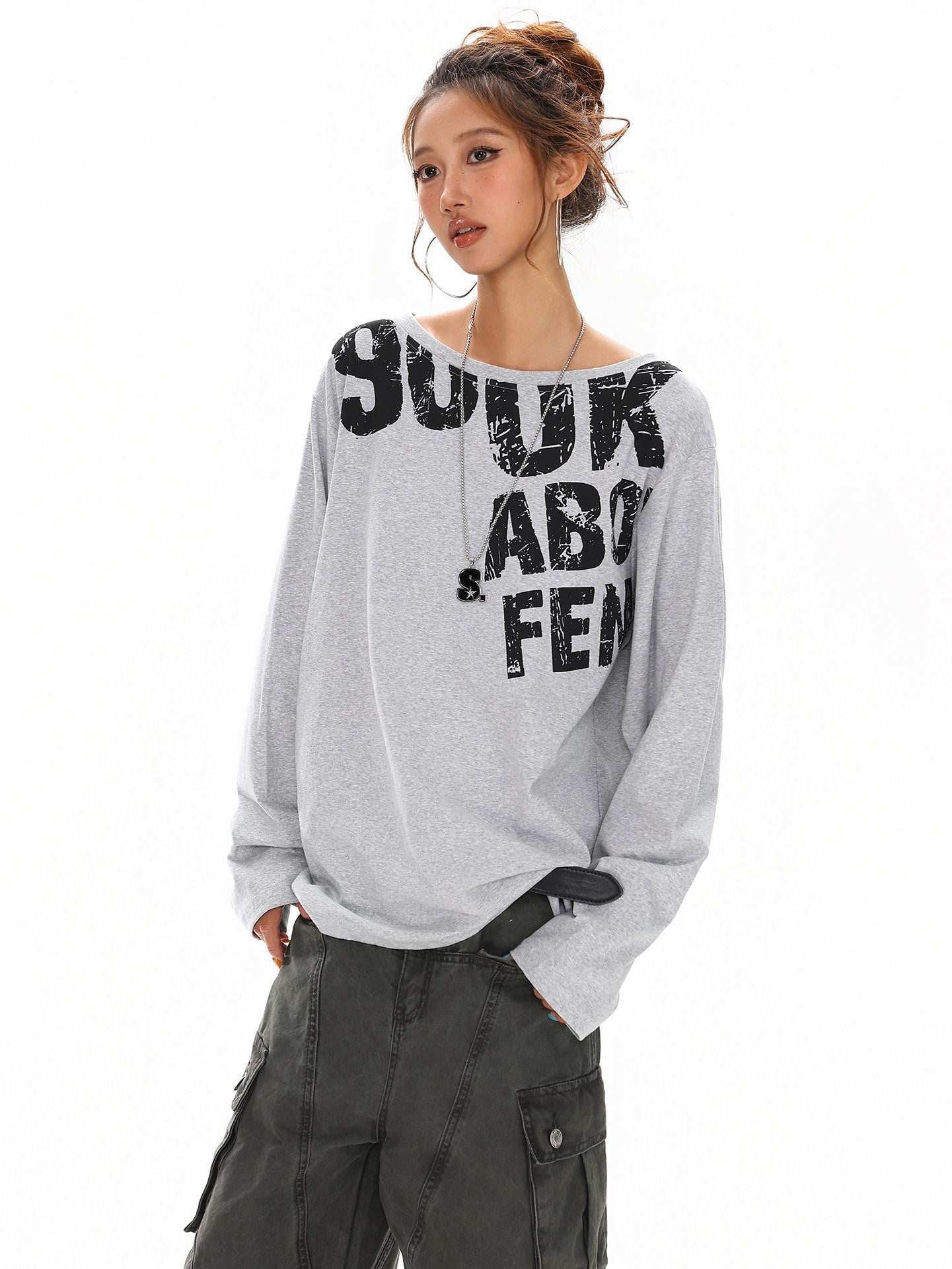 XPKAEAX Distressed Letter Print Off Shoulder Slouchy Women's Long Sleeve T-shirts