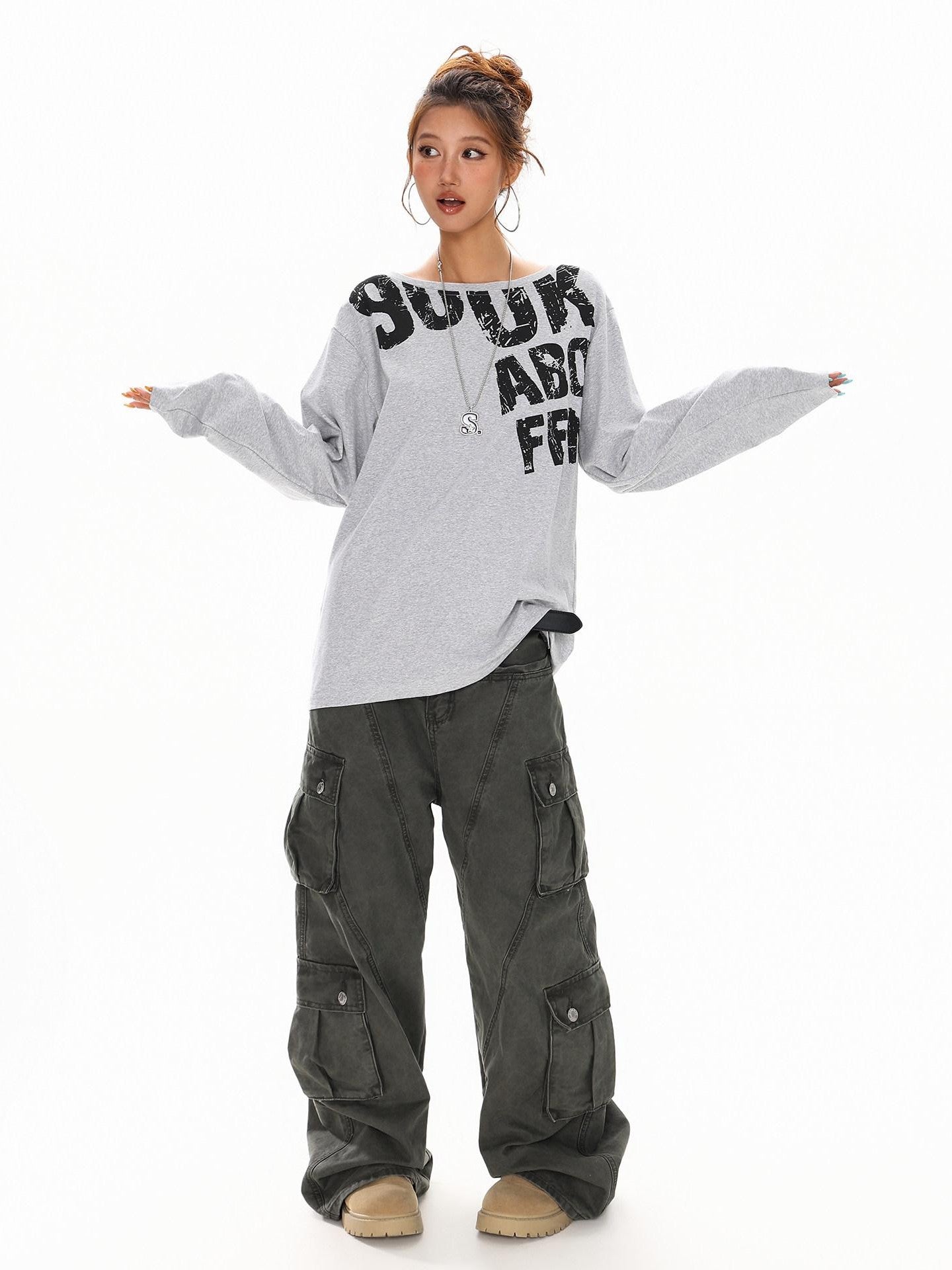 XPKAEAX Distressed Letter Print Off Shoulder Slouchy Women's Long Sleeve T-shirts