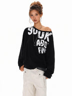 XPKAEAX Distressed Letter Print Off Shoulder Slouchy Women's Long Sleeve T-shirts