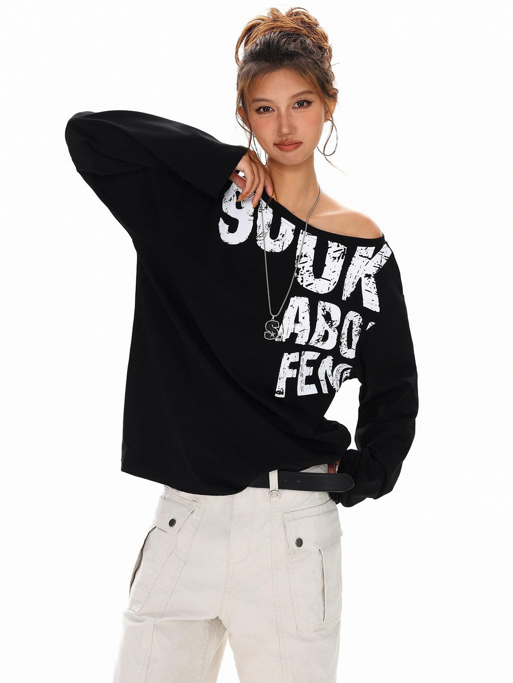 XPKAEAX Distressed Letter Print Off Shoulder Slouchy Women's Long Sleeve T-shirts