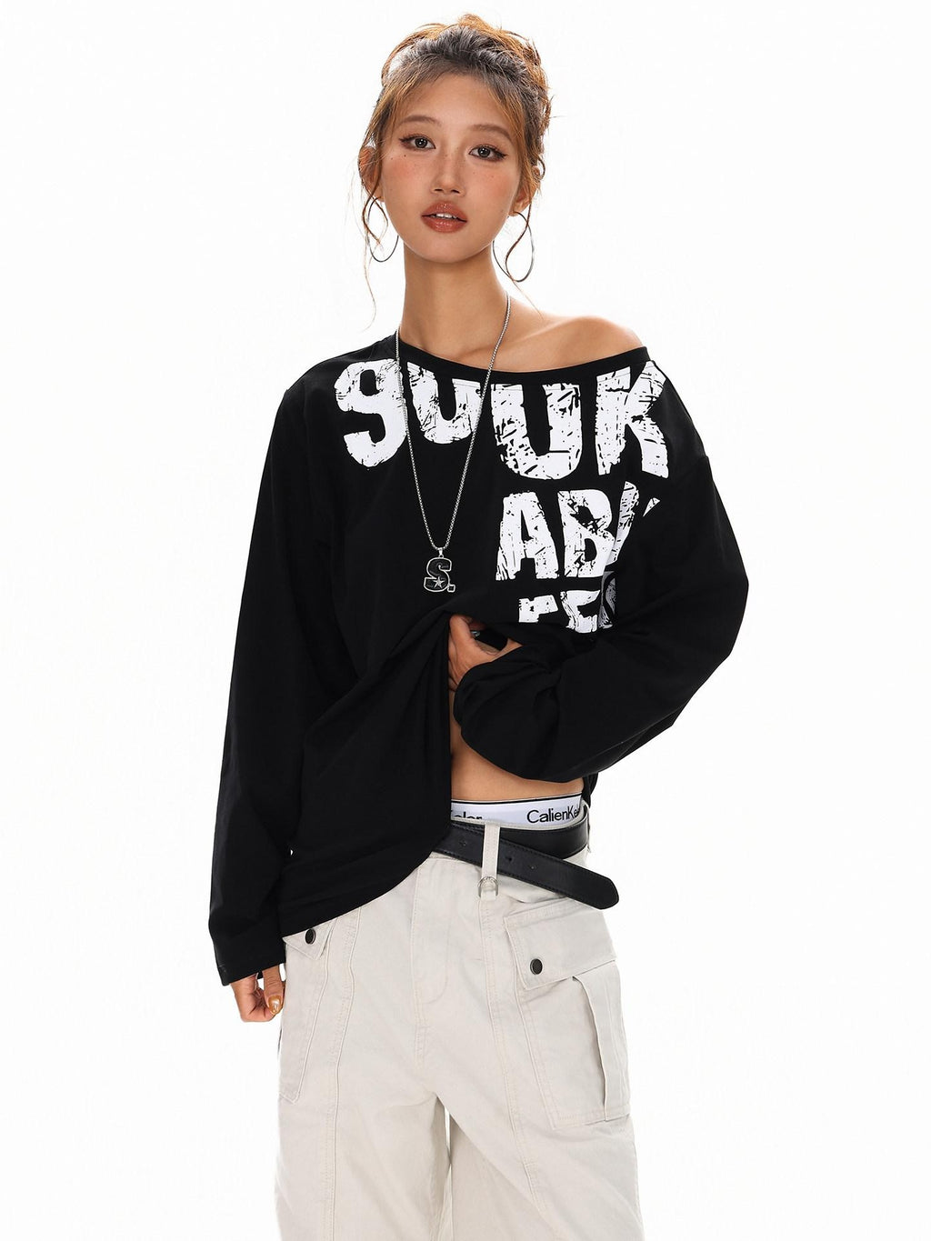 XPKAEAX Distressed Letter Print Off Shoulder Slouchy Women's Long Sleeve T-shirts