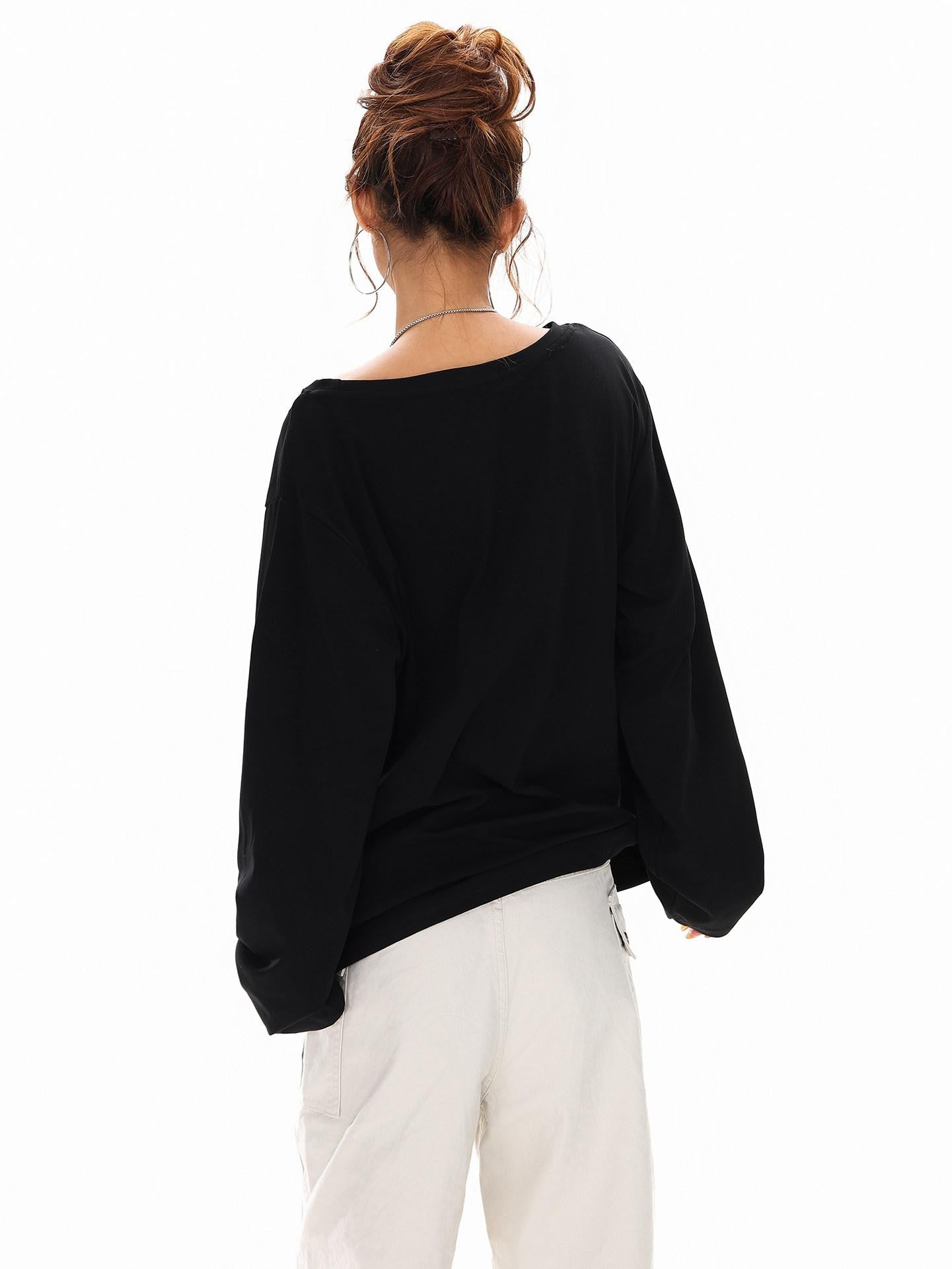 XPKAEAX Distressed Letter Print Off Shoulder Slouchy Women's Long Sleeve T-shirts