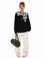 XPKAEAX Distressed Letter Print Off Shoulder Slouchy Women's Long Sleeve T-shirts