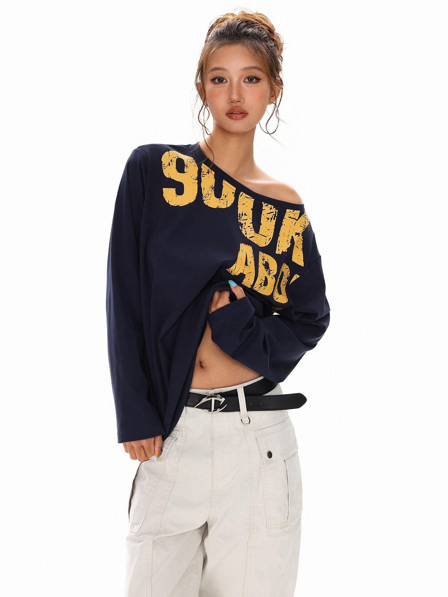 XPKAEAX Distressed Letter Print Off Shoulder Slouchy Women's Long Sleeve T-shirts