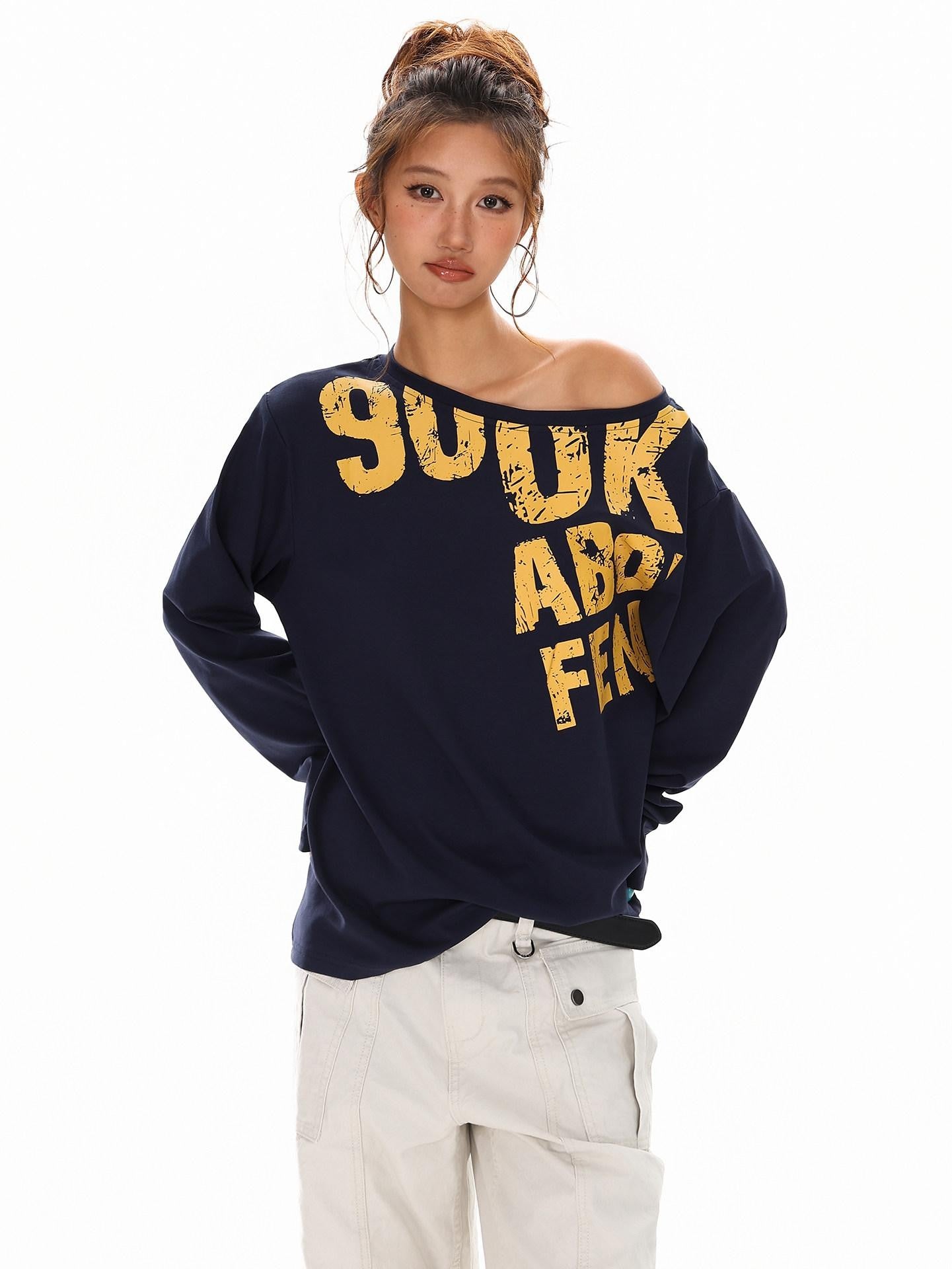 XPKAEAX Distressed Letter Print Off Shoulder Slouchy Women's Long Sleeve T-shirts