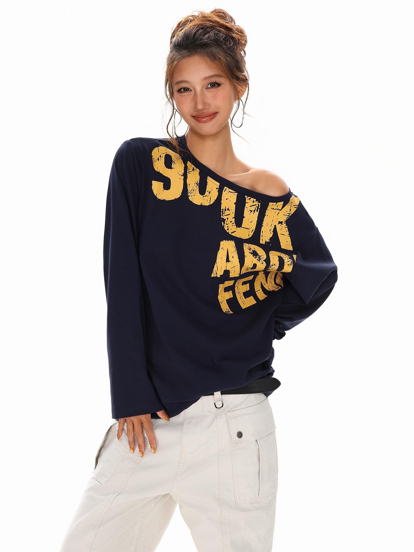XPKAEAX Distressed Letter Print Off Shoulder Slouchy Women's Long Sleeve T-shirts