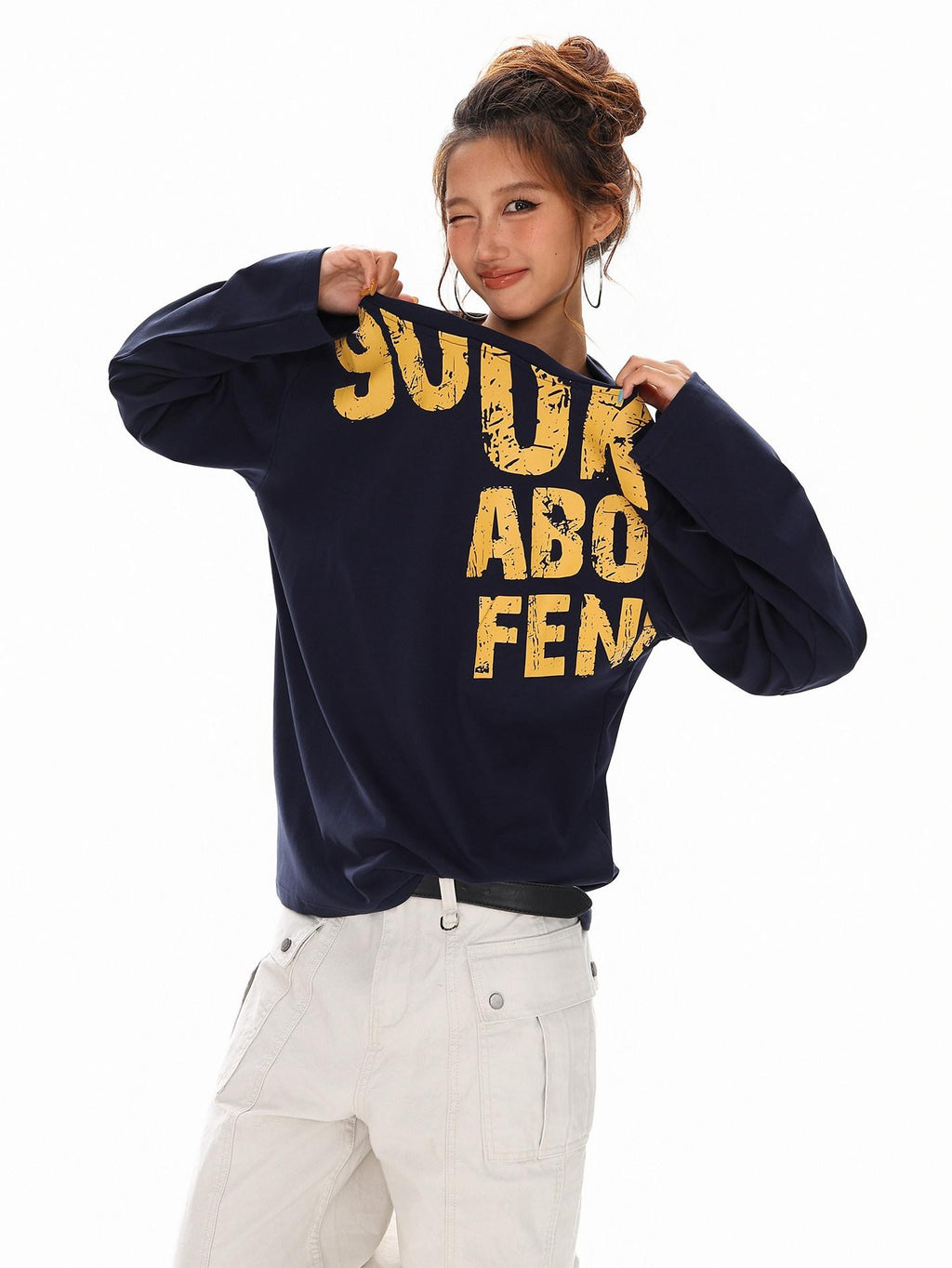 XPKAEAX Distressed Letter Print Off Shoulder Slouchy Women's Long Sleeve T-shirts