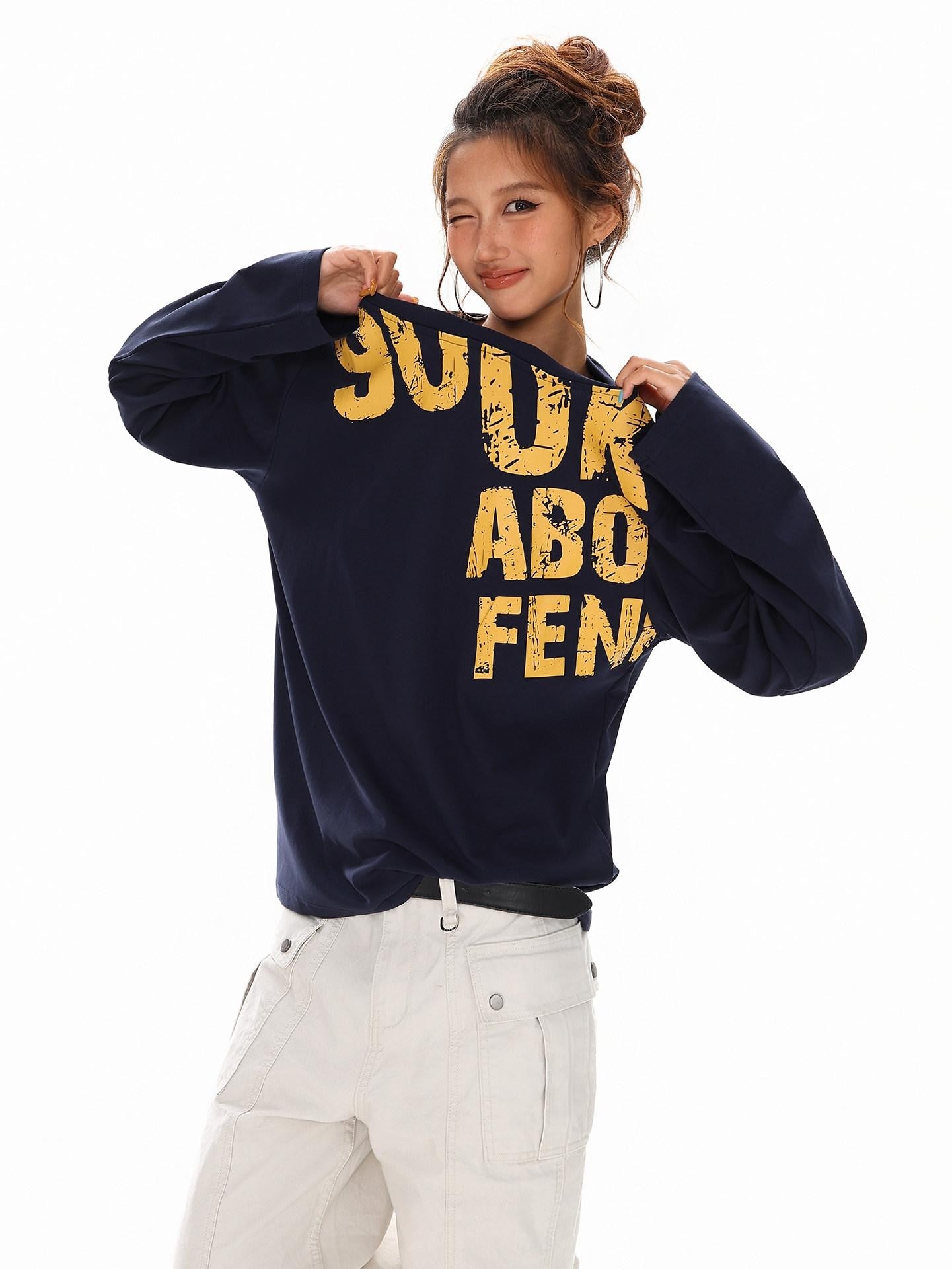 XPKAEAX Distressed Letter Print Off Shoulder Slouchy Women's Long Sleeve T-shirts