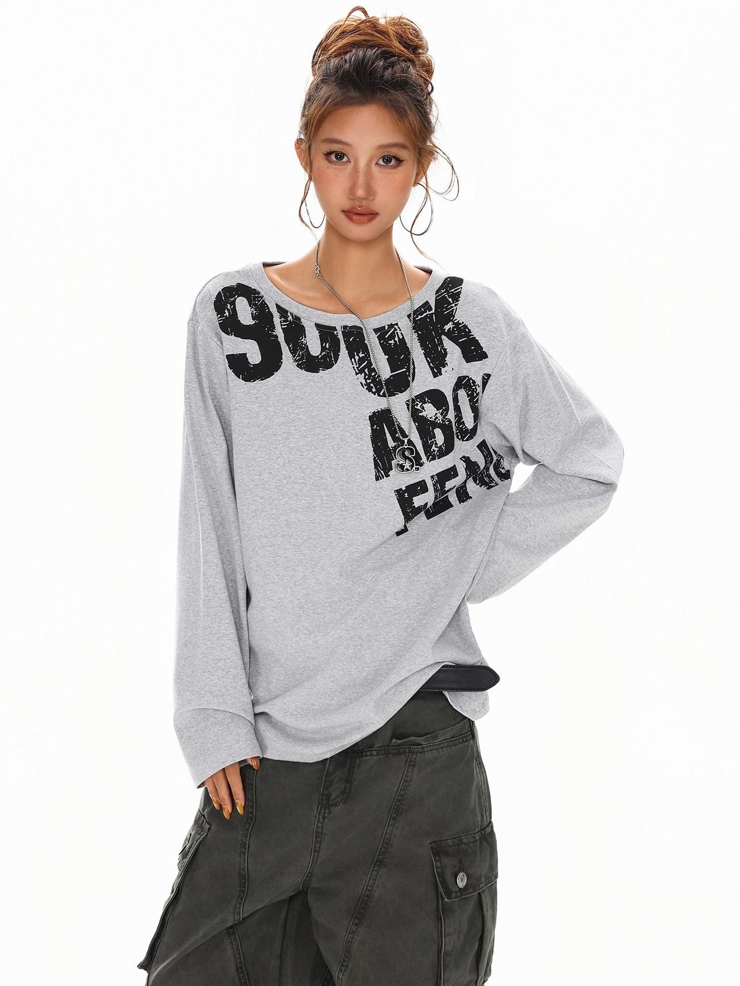 XPKAEAX Distressed Letter Print Off Shoulder Slouchy Women's Long Sleeve T-shirts