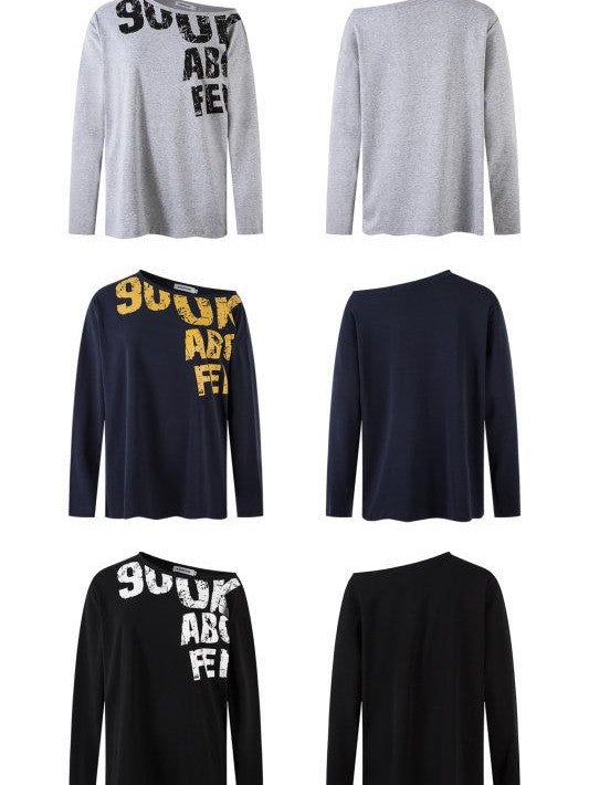 XPKAEAX Distressed Letter Print Off Shoulder Slouchy Women's Long Sleeve T-shirts