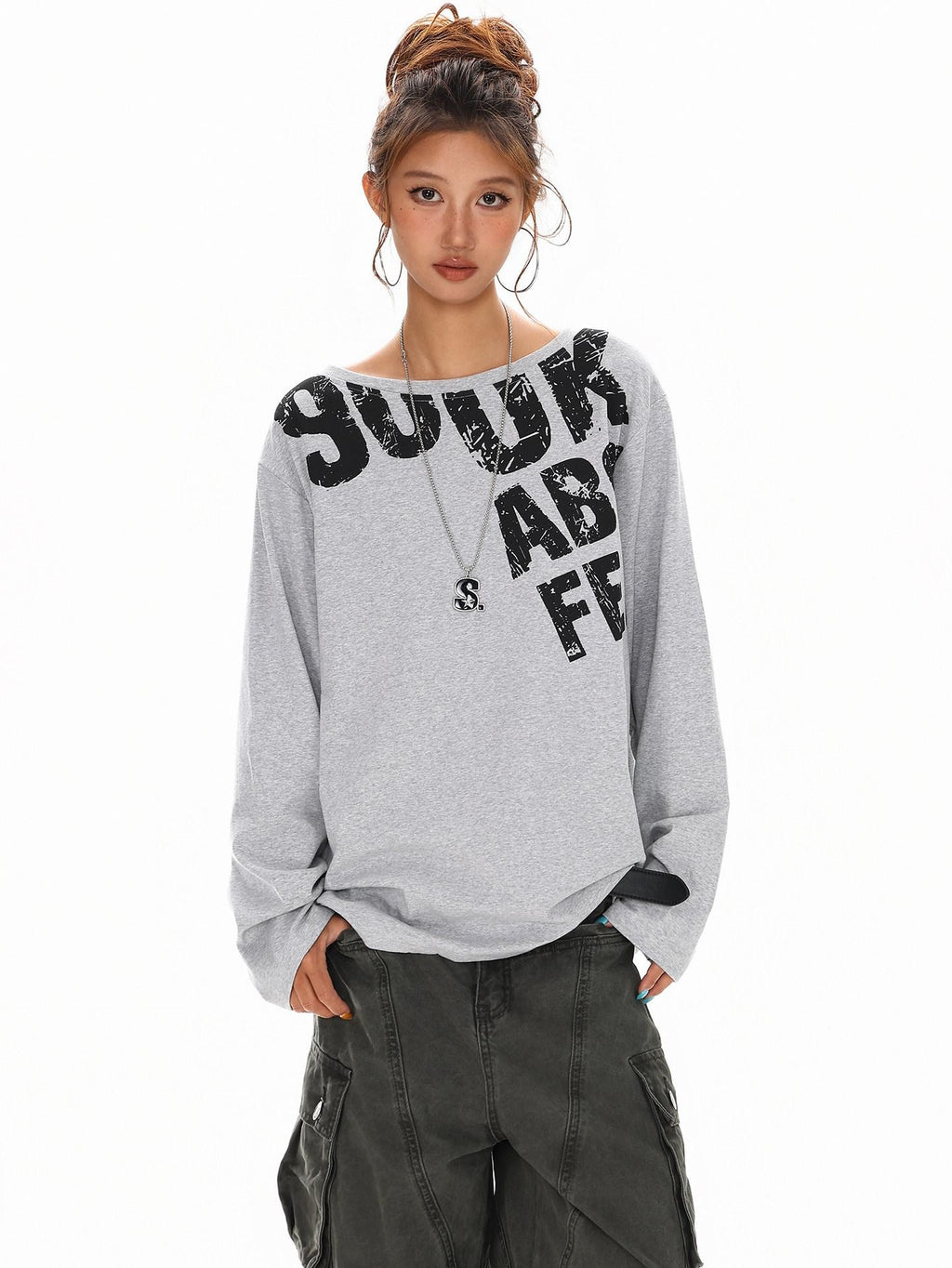 XPKAEAX Distressed Letter Print Off Shoulder Slouchy Women's Long Sleeve T-shirts