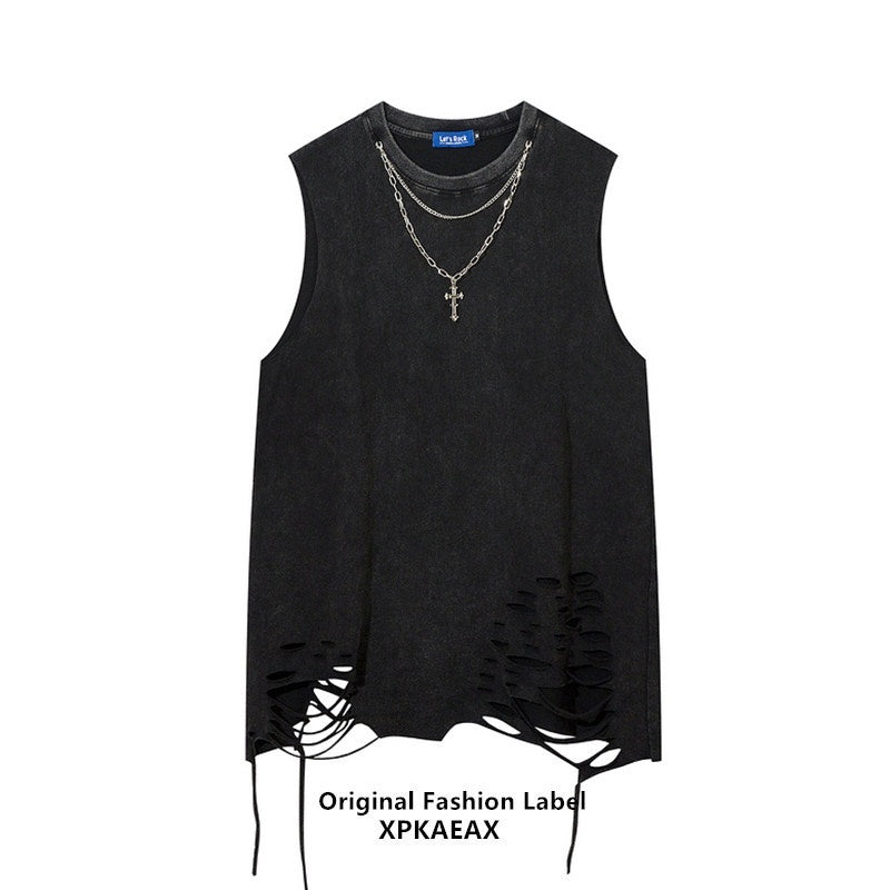 XPKAEAX Distressed Torn Necklace Embellished Loose Fit Solid Women's Tank Tops 711128825501
