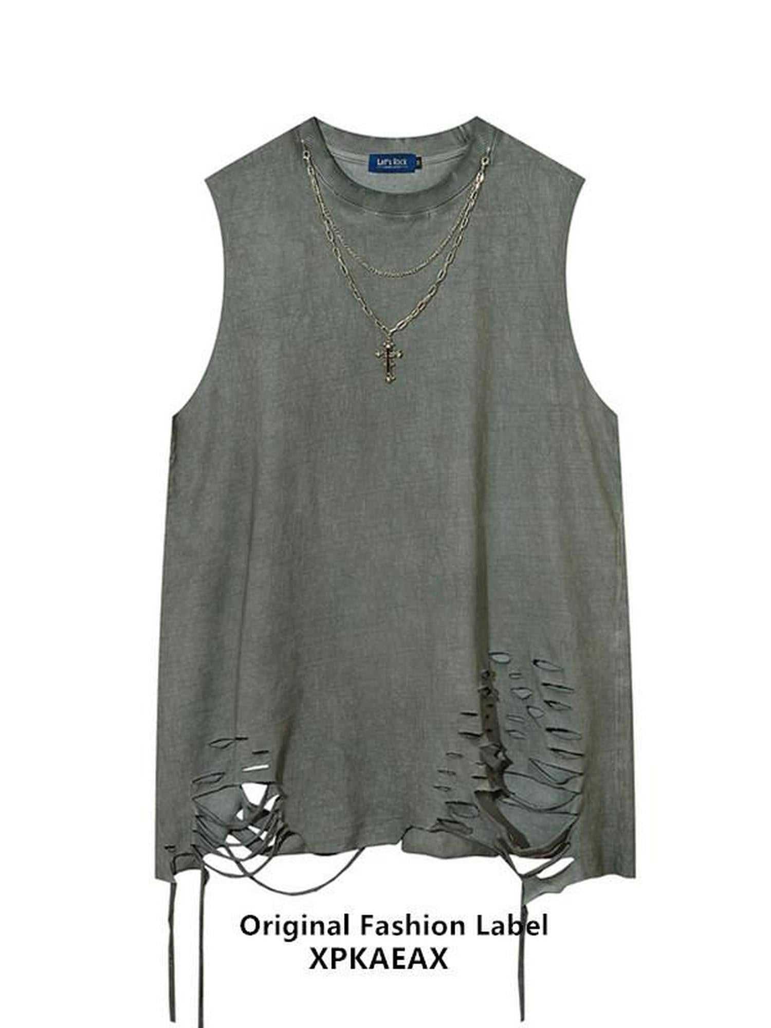 XPKAEAX Distressed Torn Necklace Embellished Loose Fit Solid Women's Tank Tops