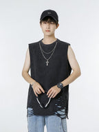 XPKAEAX Distressed Torn Necklace Embellished Loose Fit Solid Women's Tank Tops