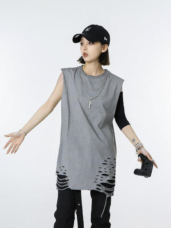 XPKAEAX Distressed Torn Necklace Embellished Loose Fit Solid Women's Tank Tops