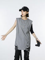 XPKAEAX Distressed Torn Necklace Embellished Loose Fit Solid Women's Tank Tops