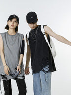 XPKAEAX Distressed Torn Necklace Embellished Loose Fit Solid Women's Tank Tops