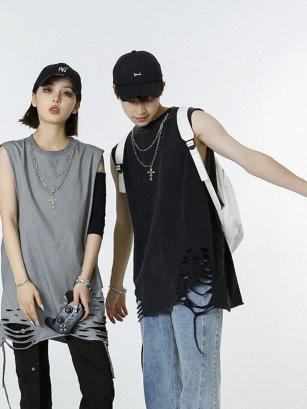 XPKAEAX Distressed Torn Necklace Embellished Loose Fit Solid Women's Tank Tops