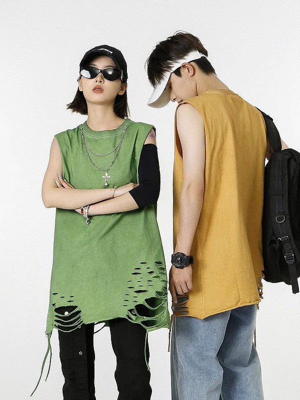 XPKAEAX Distressed Torn Necklace Embellished Loose Fit Solid Women's Tank Tops
