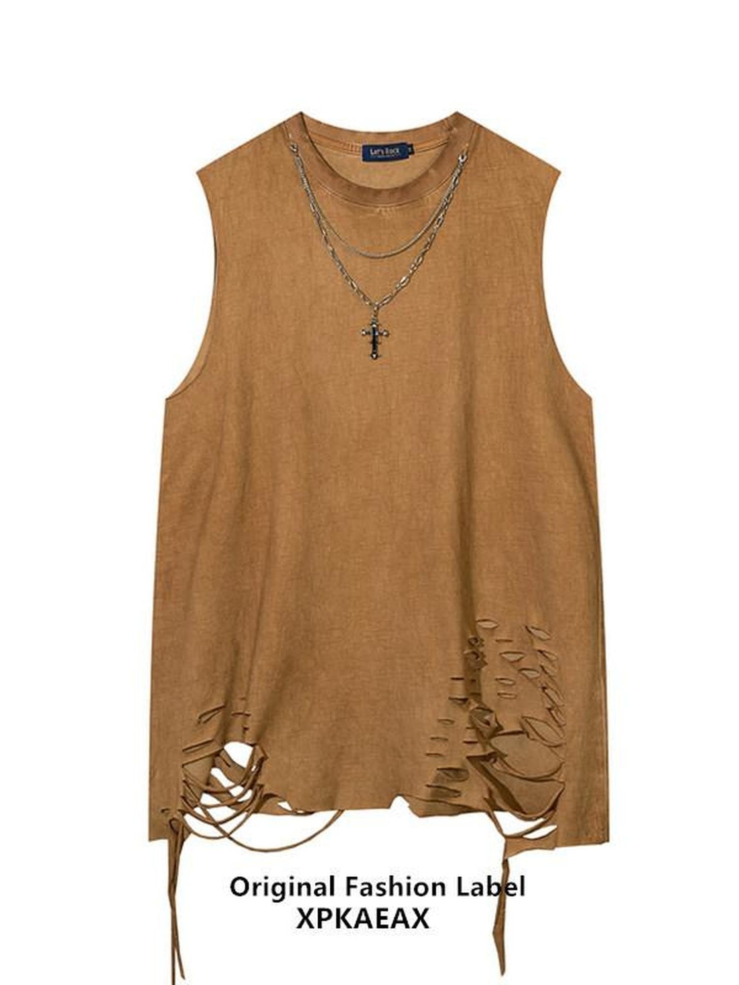 XPKAEAX Distressed Torn Necklace Embellished Loose Fit Solid Women's Tank Tops