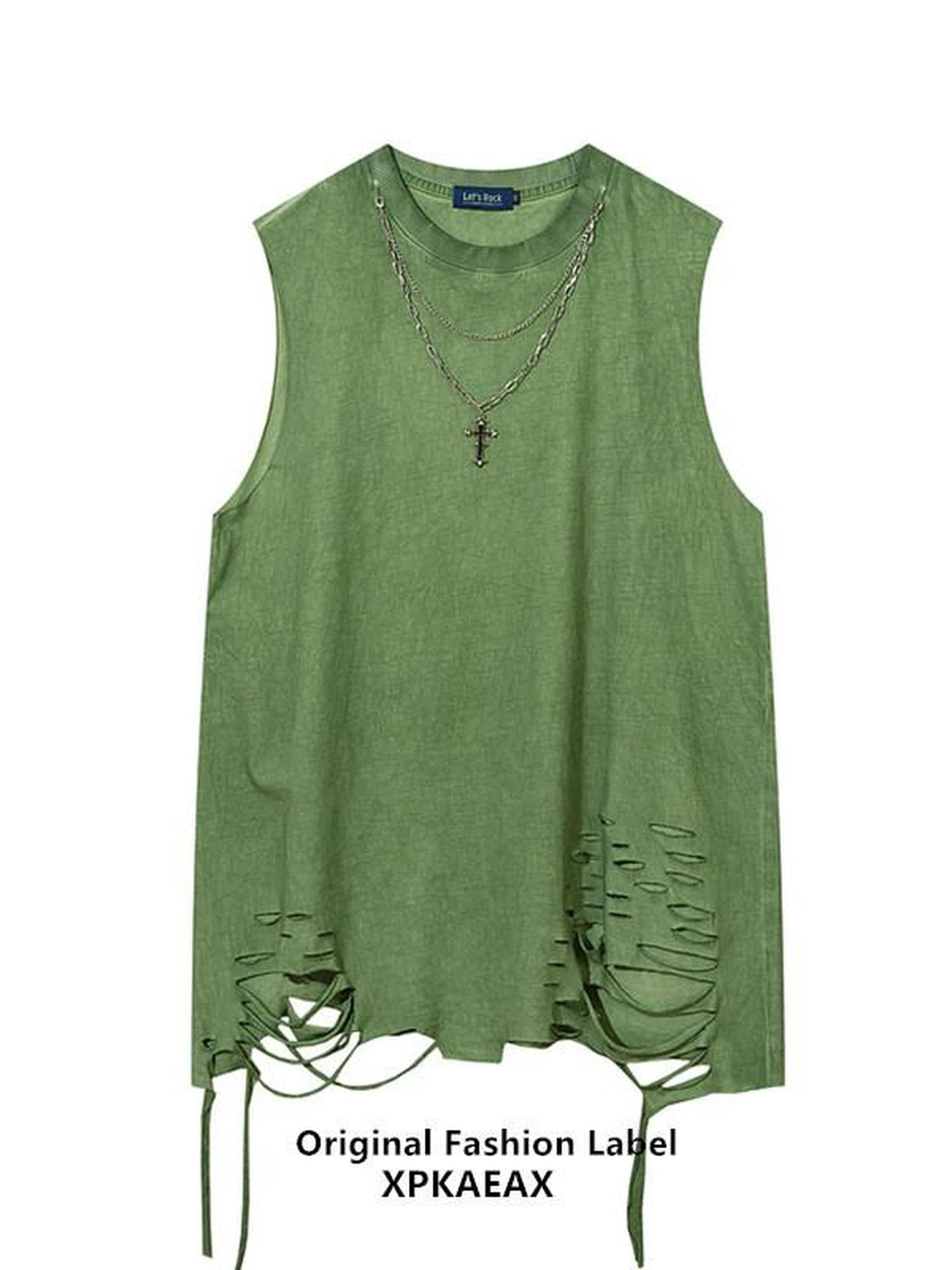 XPKAEAX Distressed Torn Necklace Embellished Loose Fit Solid Women's Tank Tops