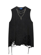 XPKAEAX Distressed Torn Necklace Embellished Loose Fit Solid Women's Tank Tops