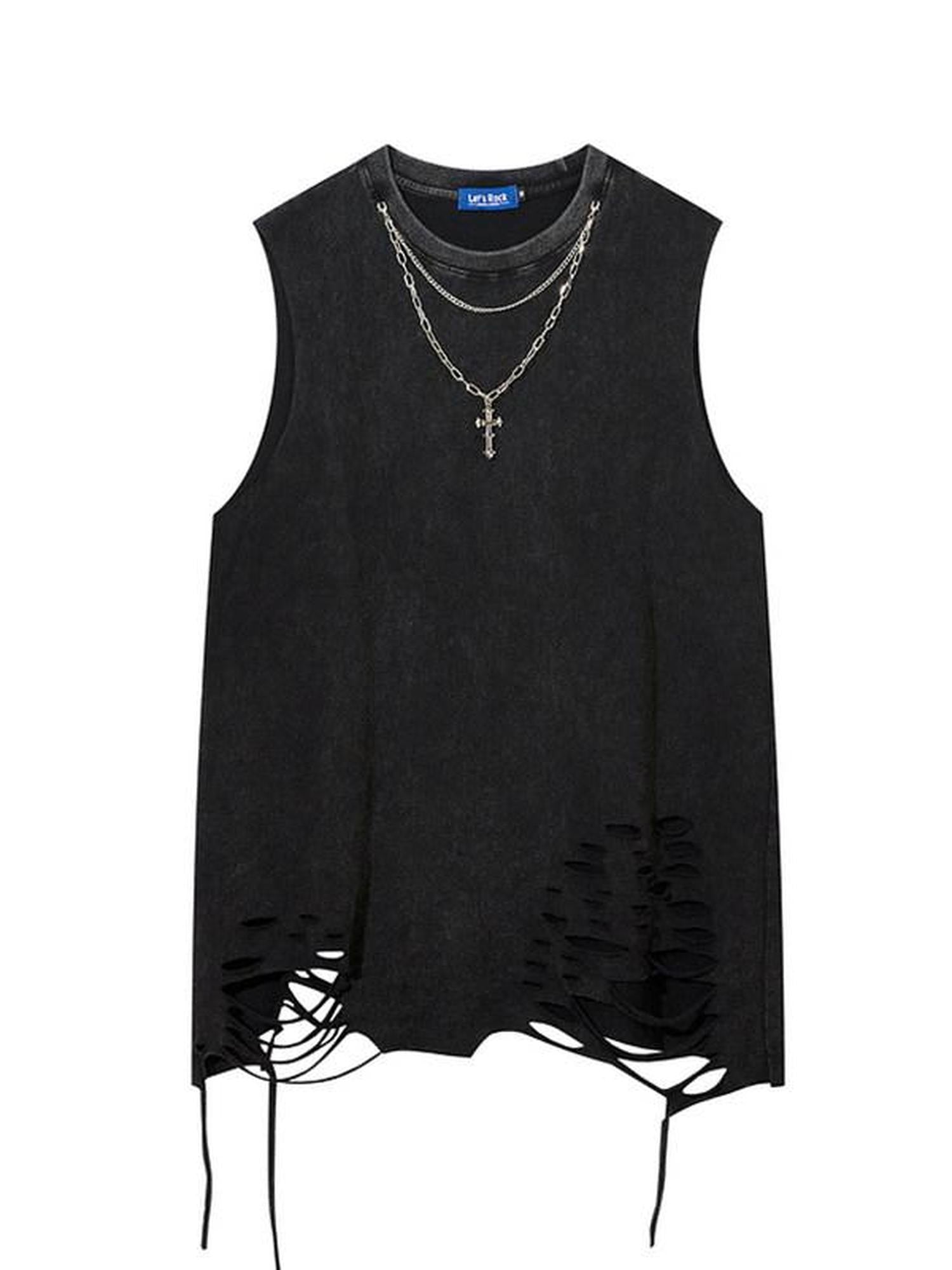 XPKAEAX Distressed Torn Necklace Embellished Loose Fit Solid Women's Tank Tops