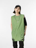 XPKAEAX Distressed Torn Necklace Embellished Loose Fit Solid Women's Tank Tops