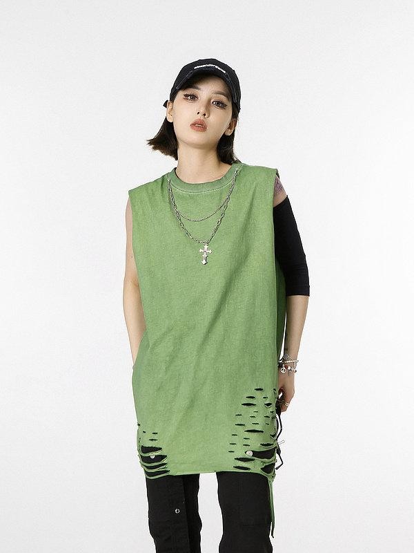 XPKAEAX Distressed Torn Necklace Embellished Loose Fit Solid Women's Tank Tops