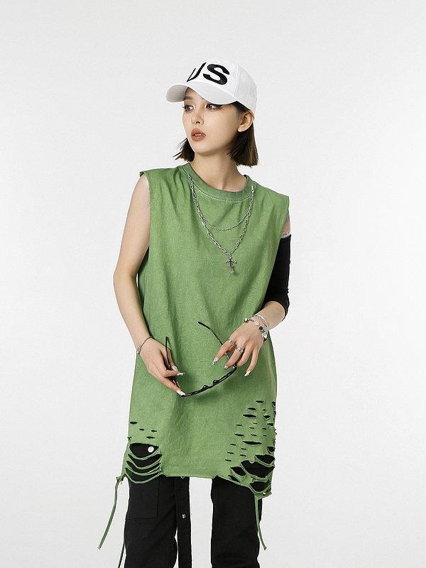 XPKAEAX Distressed Torn Necklace Embellished Loose Fit Solid Women's Tank Tops