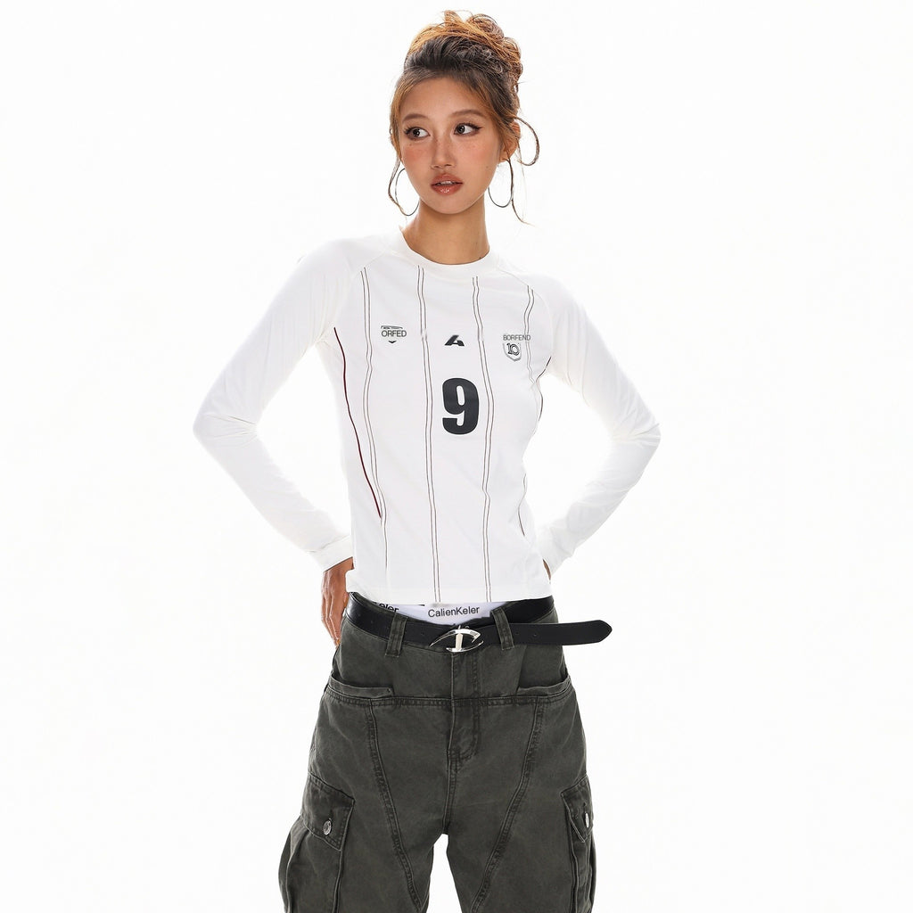 XPKAEAX Emblem Letter Print Crewneck Slim Fit Women's Long Sleeve T-shirts 968754039256