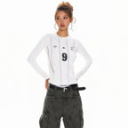 XPKAEAX Emblem Letter Print Crewneck Slim Fit Women's Long Sleeve T-shirts 968754039256