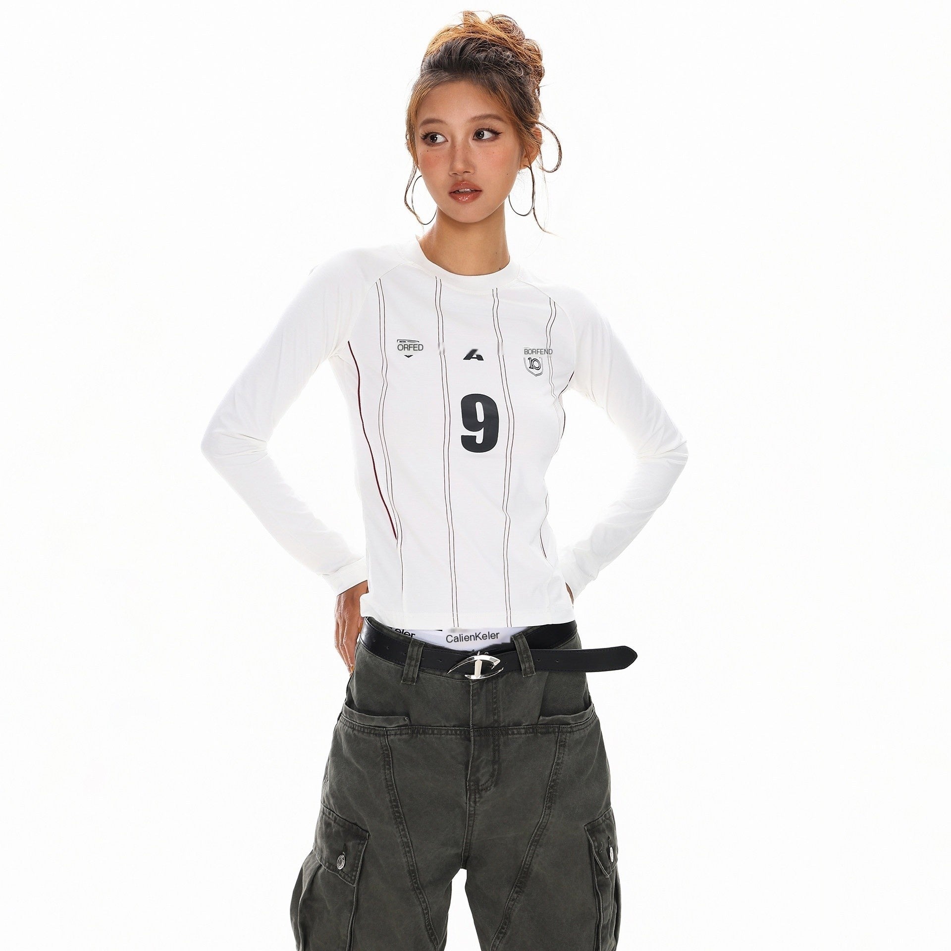 XPKAEAX Emblem Letter Print Crewneck Slim Fit Women's Long Sleeve T-shirts 968754039256
