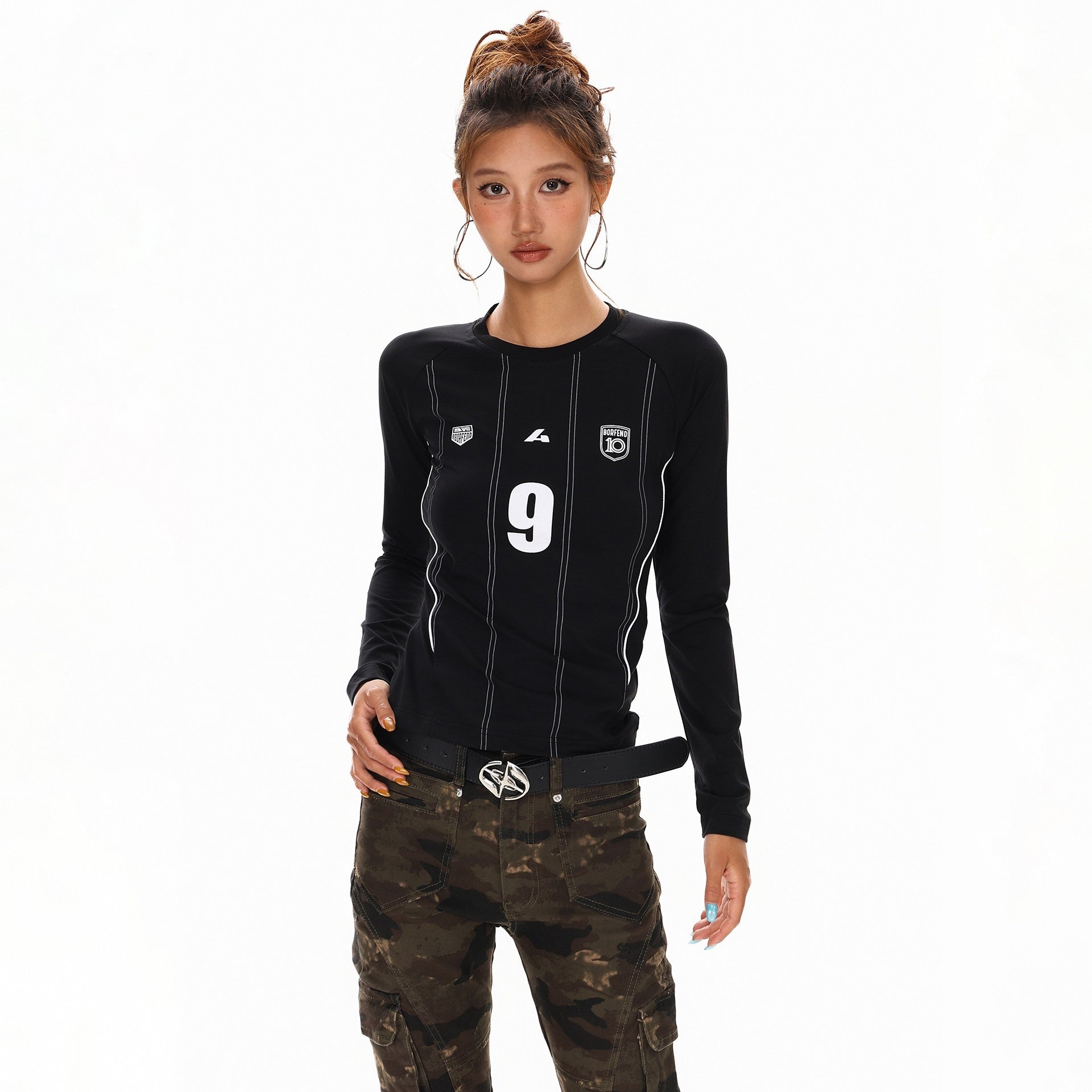 XPKAEAX Emblem Letter Print Crewneck Slim Fit Women's Long Sleeve T-shirts 968754039256