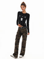 XPKAEAX Emblem Letter Print Crewneck Slim Fit Women's Long Sleeve T-shirts