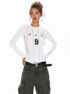 XPKAEAX Emblem Letter Print Crewneck Slim Fit Women's Long Sleeve T-shirts