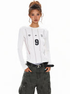 XPKAEAX Emblem Letter Print Crewneck Slim Fit Women's Long Sleeve T-shirts