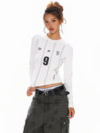 XPKAEAX Emblem Letter Print Crewneck Slim Fit Women's Long Sleeve T-shirts