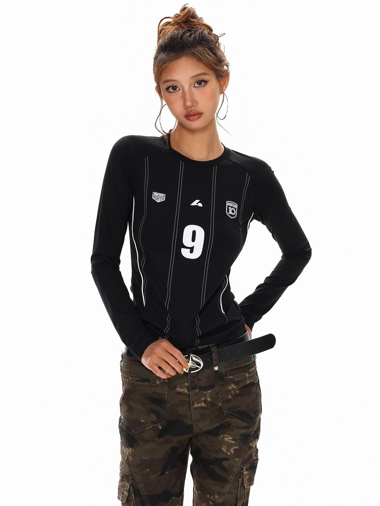 XPKAEAX Emblem Letter Print Crewneck Slim Fit Women's Long Sleeve T-shirts