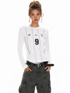 XPKAEAX Emblem Letter Print Crewneck Slim Fit Women's Long Sleeve T-shirts