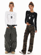 XPKAEAX Emblem Letter Print Crewneck Slim Fit Women's Long Sleeve T-shirts