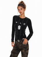 XPKAEAX Emblem Letter Print Crewneck Slim Fit Women's Long Sleeve T-shirts