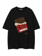XPKAEAX Flocked Cartoon Print Drop Shoulder Women's Loose Crew Short Sleeve T-shirts