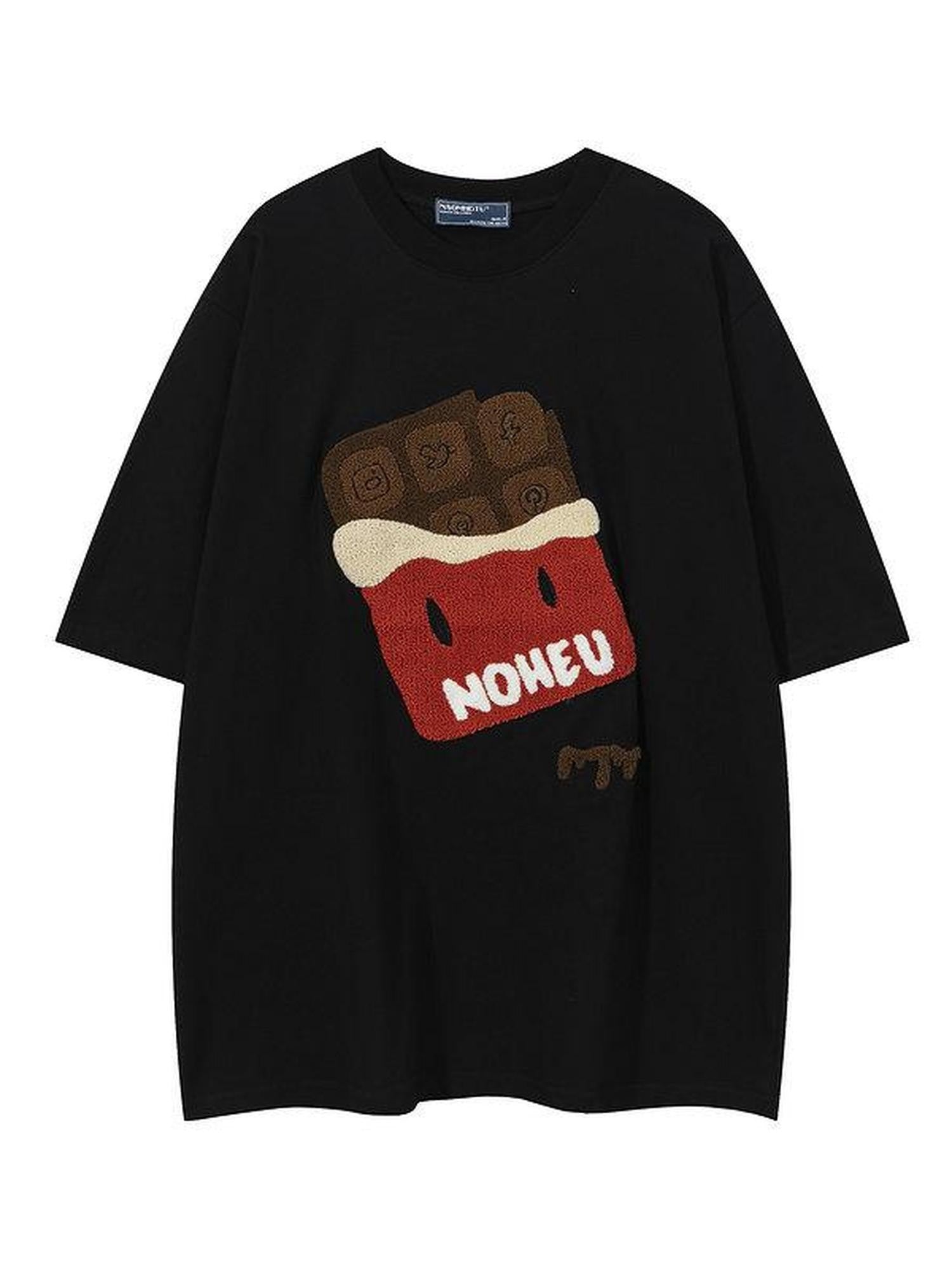 XPKAEAX Flocked Cartoon Print Drop Shoulder Women's Loose Crew Short Sleeve T-shirts
