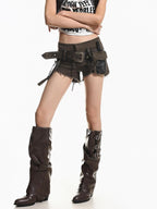XPKAEAX Frayed Hem Belted Cargo Distressed Vintage Women's Washed Denim Denim Shorts