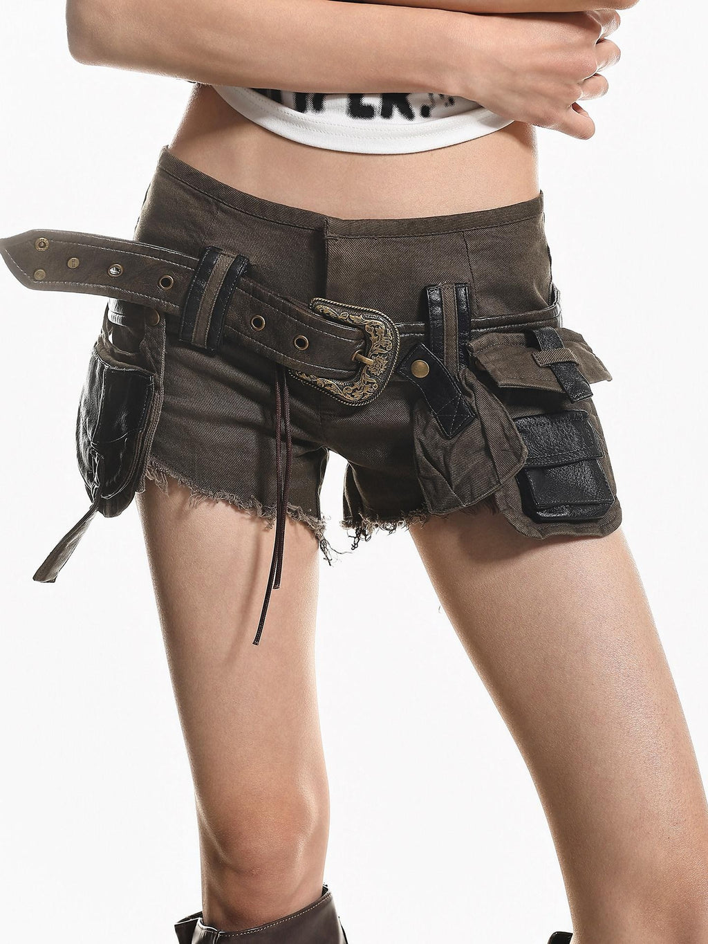 XPKAEAX Frayed Hem Belted Cargo Distressed Vintage Women's Washed Denim Denim Shorts