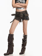 XPKAEAX Frayed Hem Belted Cargo Distressed Vintage Women's Washed Denim Denim Shorts