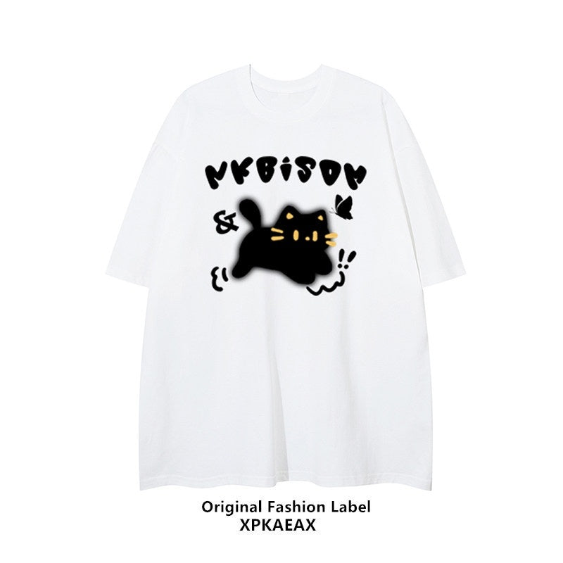 XPKAEAX Graffiti Cat Print Loose Fit Drop Shoulder Women's Short Sleeve T-shirts 713820151529